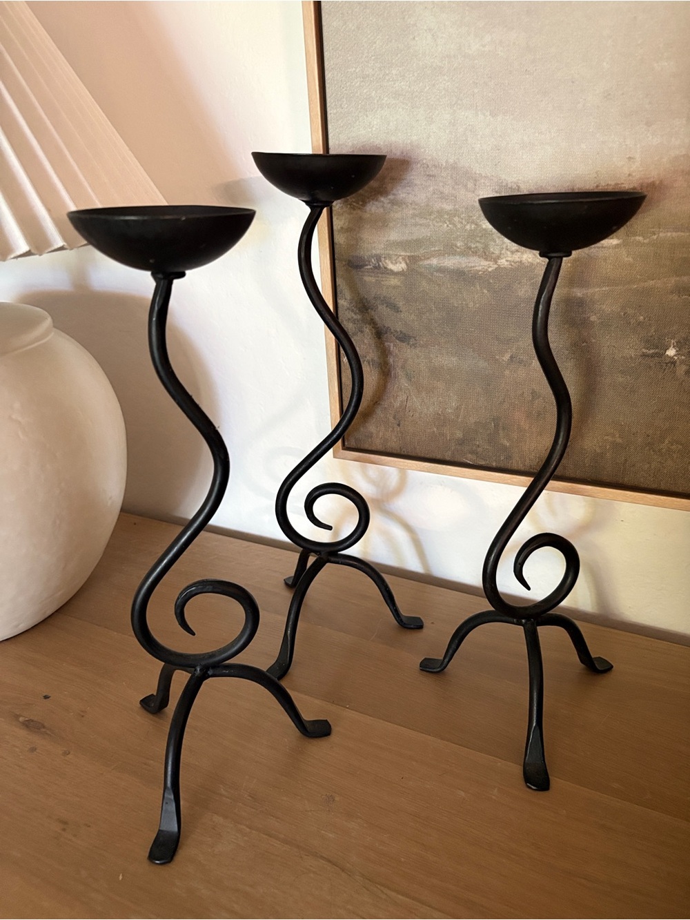 VINTAHE Black Wrought Iron Scroll Candle Holders - Set of 3